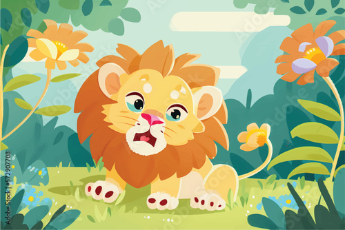 This playful illustration of a friendly lion with a nature background is perfect for kids. The charming and approachable style of the lion evokes a sense of adventure, while the soothing nature