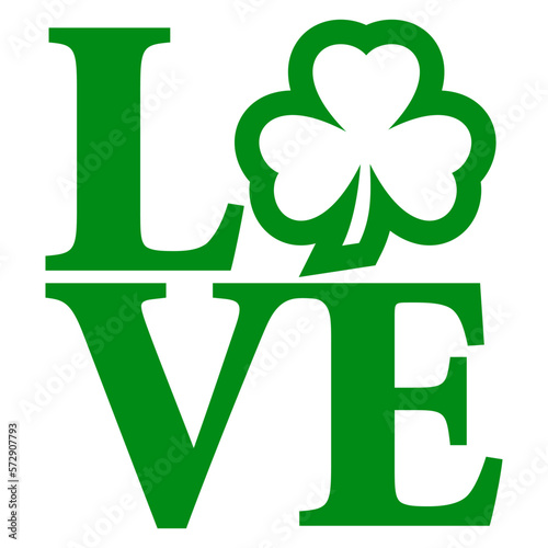 Día de San Patricio. Logo aislado con palabra Love con silueta de shamrock de 3 hojas en lugar de letra o