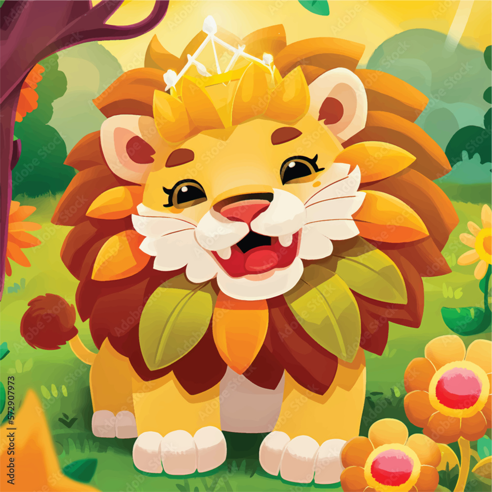 This playful illustration of a friendly lion with a nature background is perfect for kids. The charming and approachable style of the lion evokes a sense of adventure, while the soothing nature This playful illustration of a friendly lion with a nature background is perfect for kids. The charming and approachable style of the lion evokes a sense of adventure, while the soothing nature
