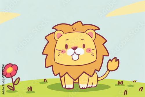 This playful illustration of a friendly lion with a nature background is perfect for kids. The charming and approachable style of the lion evokes a sense of adventure, while the soothing nature