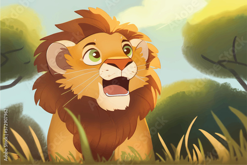 This playful illustration of a friendly lion with a nature background is perfect for kids. The charming and approachable style of the lion evokes a sense of adventure, while the soothing nature