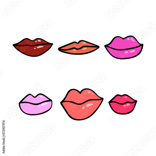 A set of hand-drawn vector female lips of different shapes. Isolate lips in doodle style.