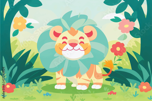 This playful illustration of a friendly lion with a nature background is perfect for kids. The charming and approachable style of the lion evokes a sense of adventure, while the soothing nature