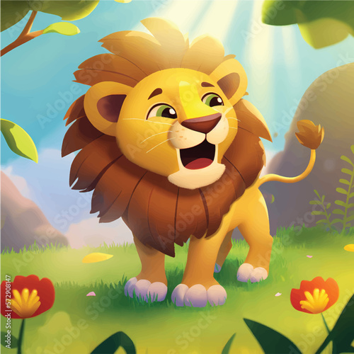 This playful illustration of a friendly lion with a nature background is perfect for kids. The charming and approachable style of the lion evokes a sense of adventure, while the soothing nature