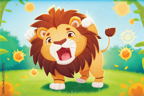 This playful illustration of a friendly lion with a nature background is perfect for kids. The charming and approachable style of the lion evokes a sense of adventure, while the soothing nature