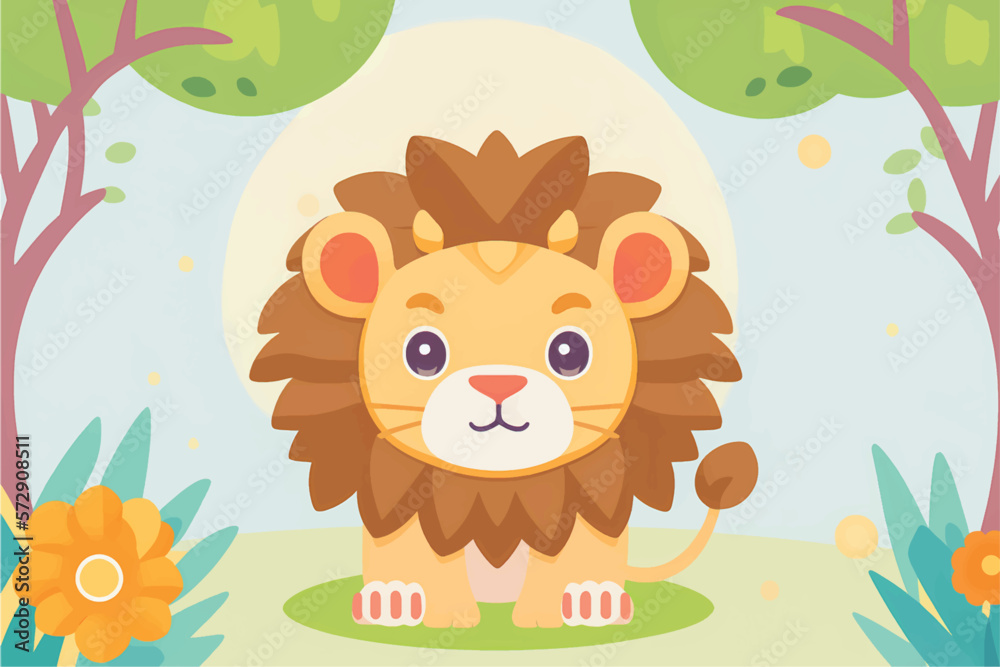 This playful illustration of a friendly lion with a nature background is perfect for kids. The charming and approachable style of the lion evokes a sense of adventure, while the soothing nature This playful illustration of a friendly lion with a nature background is perfect for kids. The charming and approachable style of the lion evokes a sense of adventure, while the soothing nature