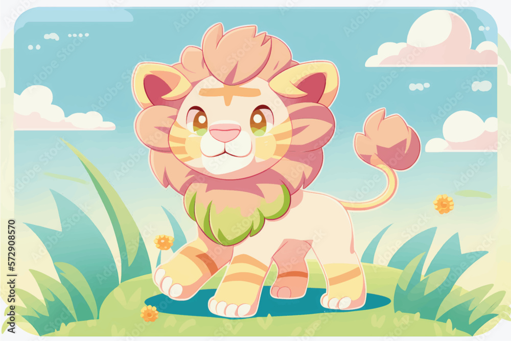 This playful illustration of a friendly lion with a nature background is perfect for kids. The charming and approachable style of the lion evokes a sense of adventure, while the soothing nature This playful illustration of a friendly lion with a nature background is perfect for kids. The charming and approachable style of the lion evokes a sense of adventure, while the soothing nature