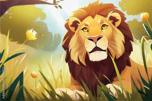 This playful illustration of a friendly lion with a nature background is perfect for kids. The charming and approachable style of the lion evokes a sense of adventure, while the soothing nature