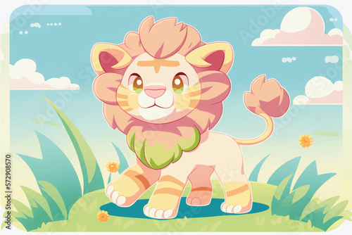 This playful illustration of a friendly lion with a nature background is perfect for kids. The charming and approachable style of the lion evokes a sense of adventure  while the soothing nature
