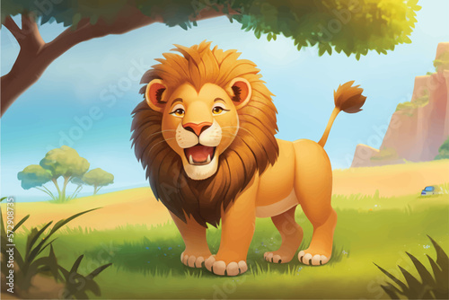 This playful illustration of a friendly lion with a nature background is perfect for kids. The charming and approachable style of the lion evokes a sense of adventure, while the soothing nature