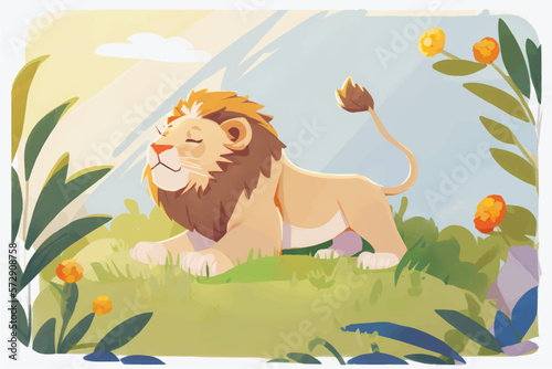 This playful illustration of a friendly lion with a nature background is perfect for kids. The charming and approachable style of the lion evokes a sense of adventure, while the soothing nature