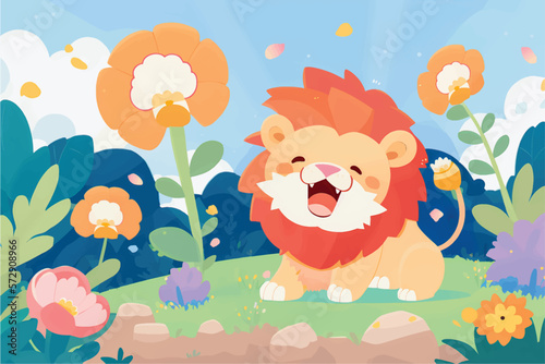 This playful illustration of a friendly lion with a nature background is perfect for kids. The charming and approachable style of the lion evokes a sense of adventure, while the soothing nature