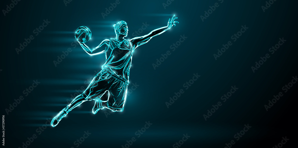 Abstract silhouette of a NBA basketball player man in action isolated black background.