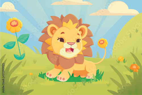 This playful illustration of a friendly lion with a nature background is perfect for kids. The charming and approachable style of the lion evokes a sense of adventure, while the soothing nature