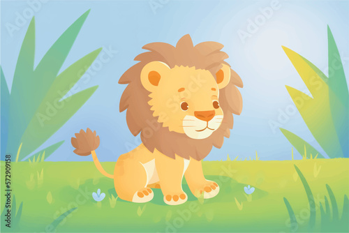 This playful illustration of a friendly lion with a nature background is perfect for kids. The charming and approachable style of the lion evokes a sense of adventure, while the soothing nature
