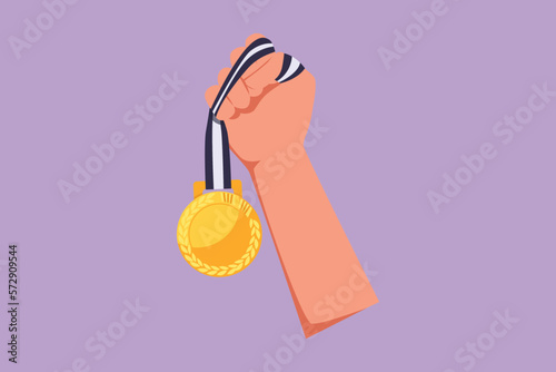 Cartoon flat style drawing of gold medal held by one hand. Athlete hand lifting victory medal. Winning championships, matches, sports competitions. Best achievement. Graphic design vector illustration