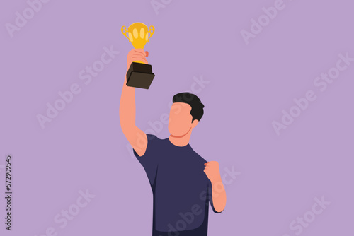 Graphic flat design drawing happy male athlete in sport jersey holding gold trophy with one hand. Celebrate victory of national competition. Man winning championship. Cartoon style vector illustration