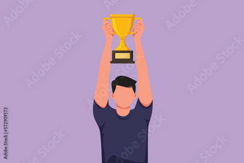 Cartoon flat style drawing male athlete wearing sport jersey lifting gold trophy with both hands. Happy man celebrating victory of national competition championship. Graphic design vector illustration
