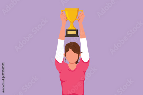 Character flat drawing female athlete wearing sport jersey lifting gold trophy with both hands. Happy woman celebrating victory of national competition championship. Cartoon design vector illustration