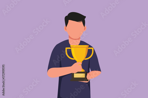 Character flat drawing male athlete wearing sports jersey holding golden trophy with both hands in front of his chest. Celebrating victory of national championship. Cartoon design vector illustration