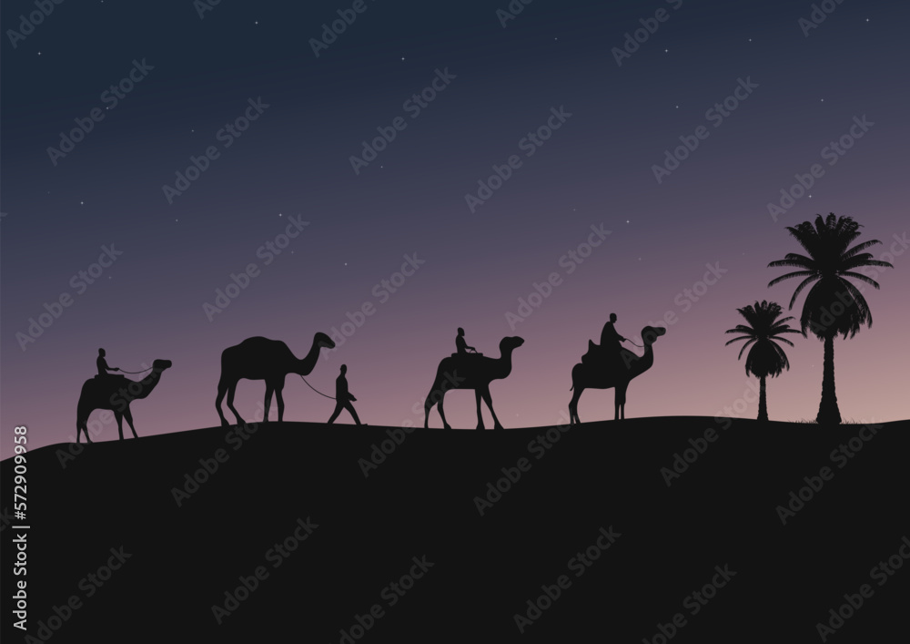 silhouette of camels in the desert, vector illustration. silhouette of camels in the desert, vector illustration.