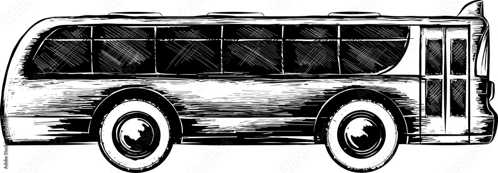 PNG engraved style illustration for posters, decoration and print. Hand drawn sketch of tourist bus in monochrome isolated on white background. Detailed vintage woodcut style drawing.	
