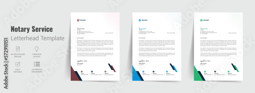 Notary service letterhead template with creative layout design. Notary public signing agent branding