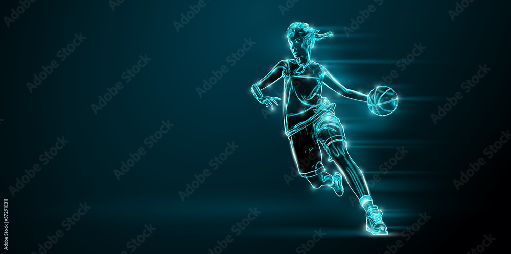 Abstract silhouette of a NBA basketball player woman in action isolated black background.