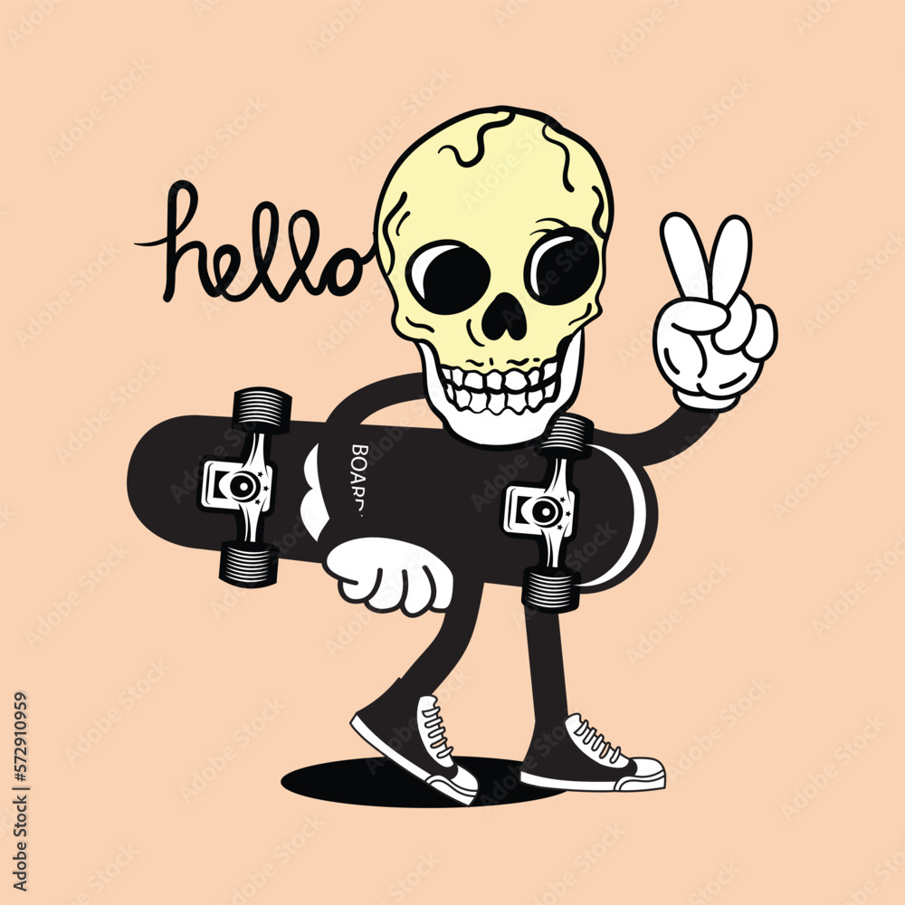 Vector illustration skater skull character. Vector graphic for apparel prints, posters and other uses. Vector illustration skater skull character. Vector graphic for apparel prints, posters and other uses.
