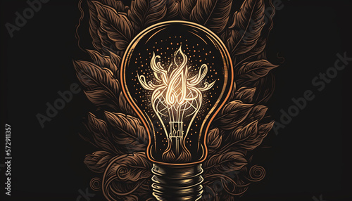 Illuminated Light Bulb Concept on Dark Background, Dark Academia Inspired, Ideas, Lit Up and Glowing - Generative AI