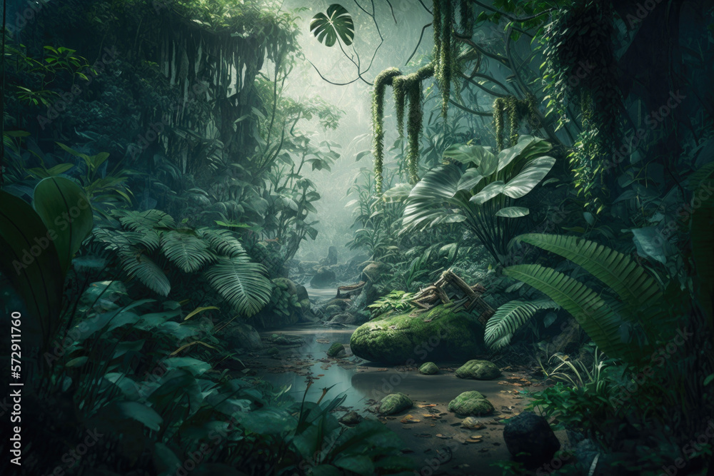 Green Natural Jungle Background. Illustration AI Generative