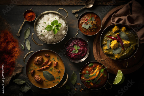 Assorted indian curry and rice dishes. Illustration AI Generative