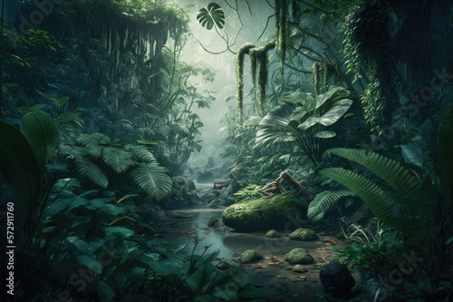 Green Natural Jungle Background. Illustration AI Generative