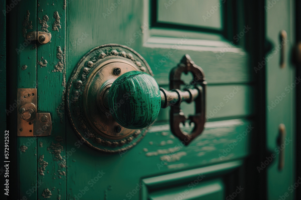 Green door with handle and lock. Illustration Generative AI Green door with handle and lock. Illustration Generative AI