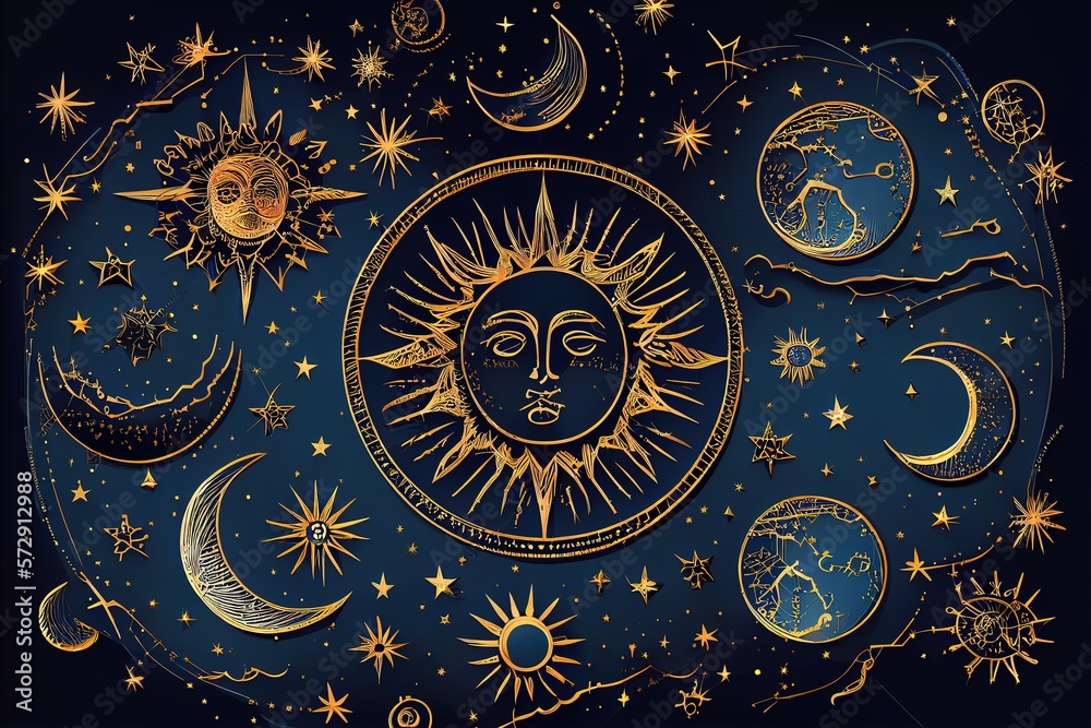 Drawing of golden stars, moon, planets, constellations on a blue background, mystical. drawing for tarot cards, fantasy magic space. Generative AI Drawing of golden stars, moon, planets, constellations on a blue background, mystical. drawing for tarot cards, fantasy magic space. Generative AI