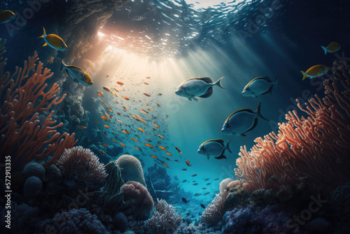 Coral reef with many fish swimming underwater. Illustration AI Generative