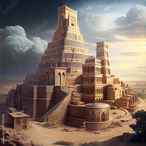 Ancient city of Babylon with the tower of Babel, bible and religion, new testament, speech in different languages,Illustration, Tower, Palm Tree. Generative AI technology