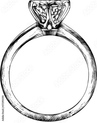 PNG engraved style illustration for posters, decoration and print. Hand drawn sketch of engagement ring in monochrome isolated on white background. Detailed vintage woodcut style drawing.	
