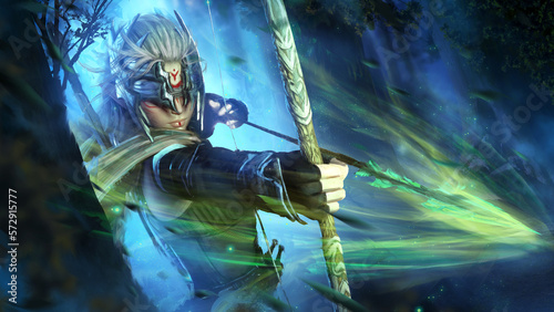 A beautiful elf archer in a scout costume with a shiny helmet covering her blind eyes, she sees in the dark pulling a magic arrow filled with green energy in a night misty forest. 2d digital art photo