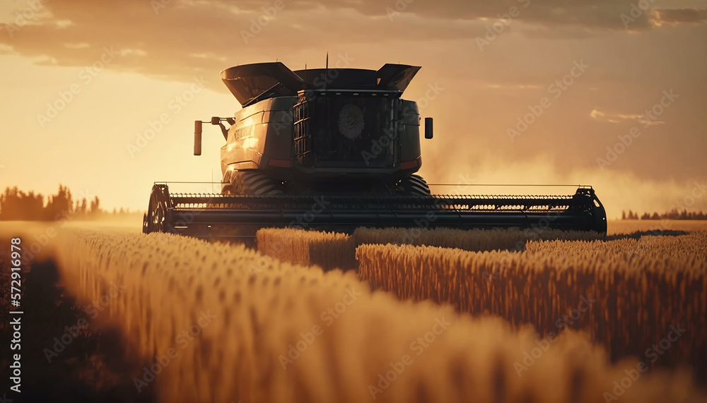 Fototapeta premium combine harvester collects wheat in the field. Generative AI