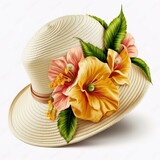 Summer brown hat with flowers on top of it, isolated in white background
