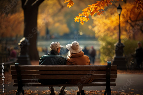 Couple sitting on a bench in park with beautiful trees and autumn leaves, romantic photo