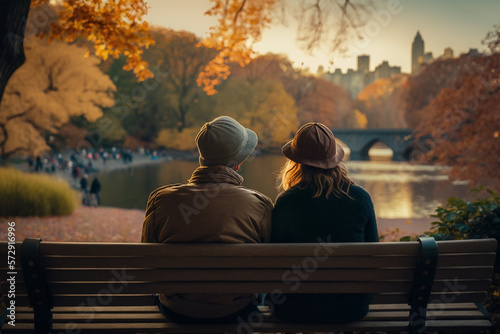 Couple sitting on a bench in park with beautiful trees and autumn leaves, romantic photo
