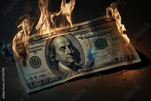 Dollar bill on fire, concept of inflation or prices going down, economic crisis and crash, printing money