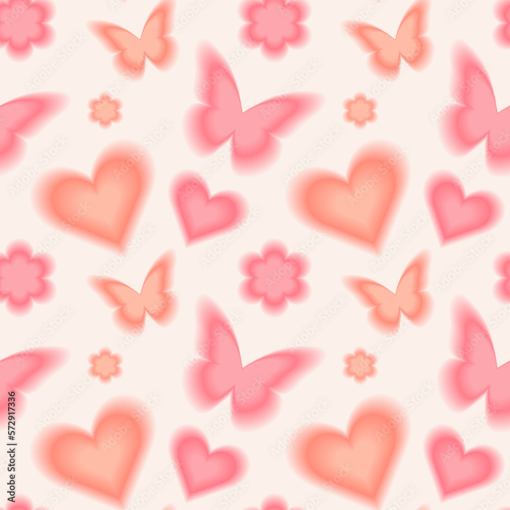 Trendy seamless pattern with y2k blurred gradient daisy flower, hearts and butterflies. Pastel color background.