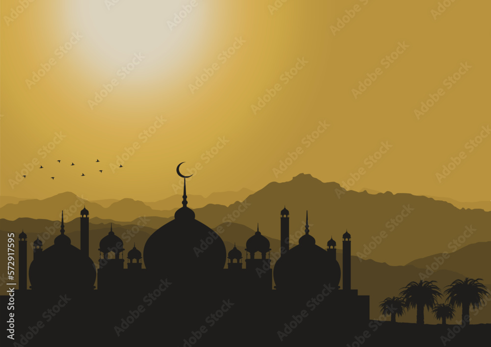 silhouette of a mosque in the sunset in the desert, vector illustration.