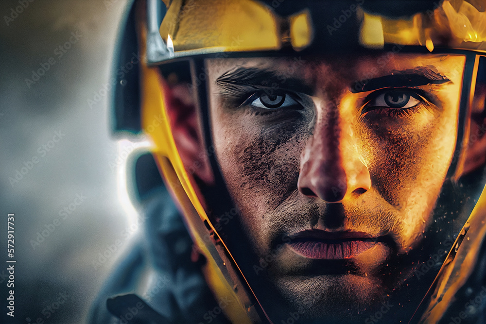 Close-up of a firefighter wearing a yellow helmet. Generative AI. (1) Close-up of a firefighter wearing a yellow helmet. Generative AI. (1)