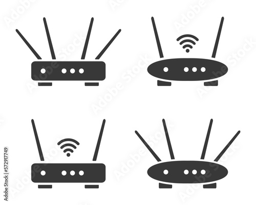 Wireless internet. Router device icon set. Flat vector illustration. Isolated on white background.
