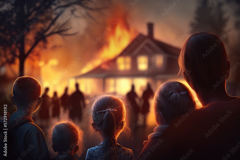 Heartbreaking image of a family helplessly watching their home burn. Based on Generative AI
