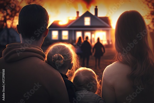 Heartbreaking image of a family helplessly watching their home burn. Based on Generative AI